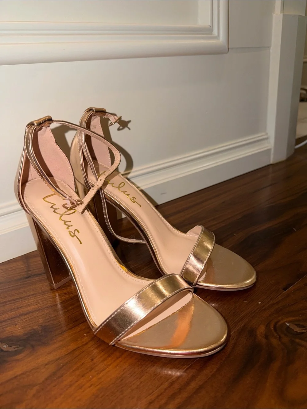 Rose Gold Block Heel Sandals with Ankle Strap
